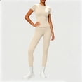 thumbnail image 2 of QIYAGBSA Workout Sets for Women Short Sleeve Crew Neck Top High Waist Leggings Stretch Athletic Two Piece Outfit (Beige, S), 2 of 6