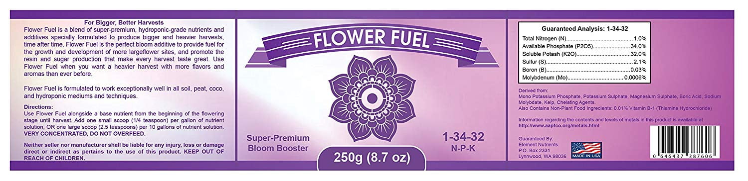 Flower Fuel 1-34-32, 250g - Best Bloom Booster Fertilizer for Bigger, Heavier Harvests by Element Nutrients (250g)