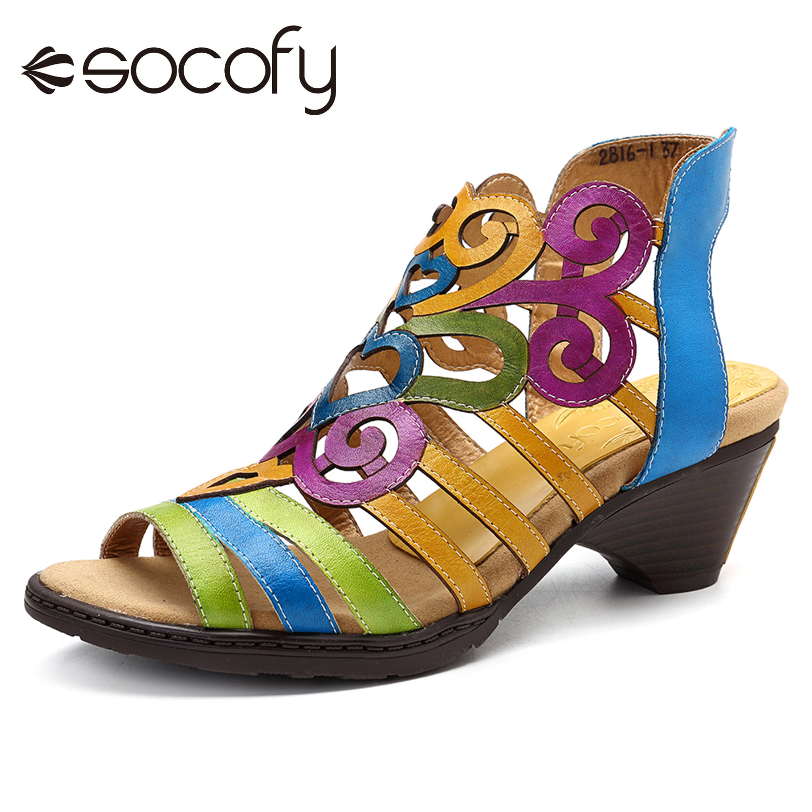 SOCOFY Retro Colorful Super Comfy Hollow Out Genuine Leather Heart Shape  Soft Hook Loop Low Heel Gladiator Sandals 