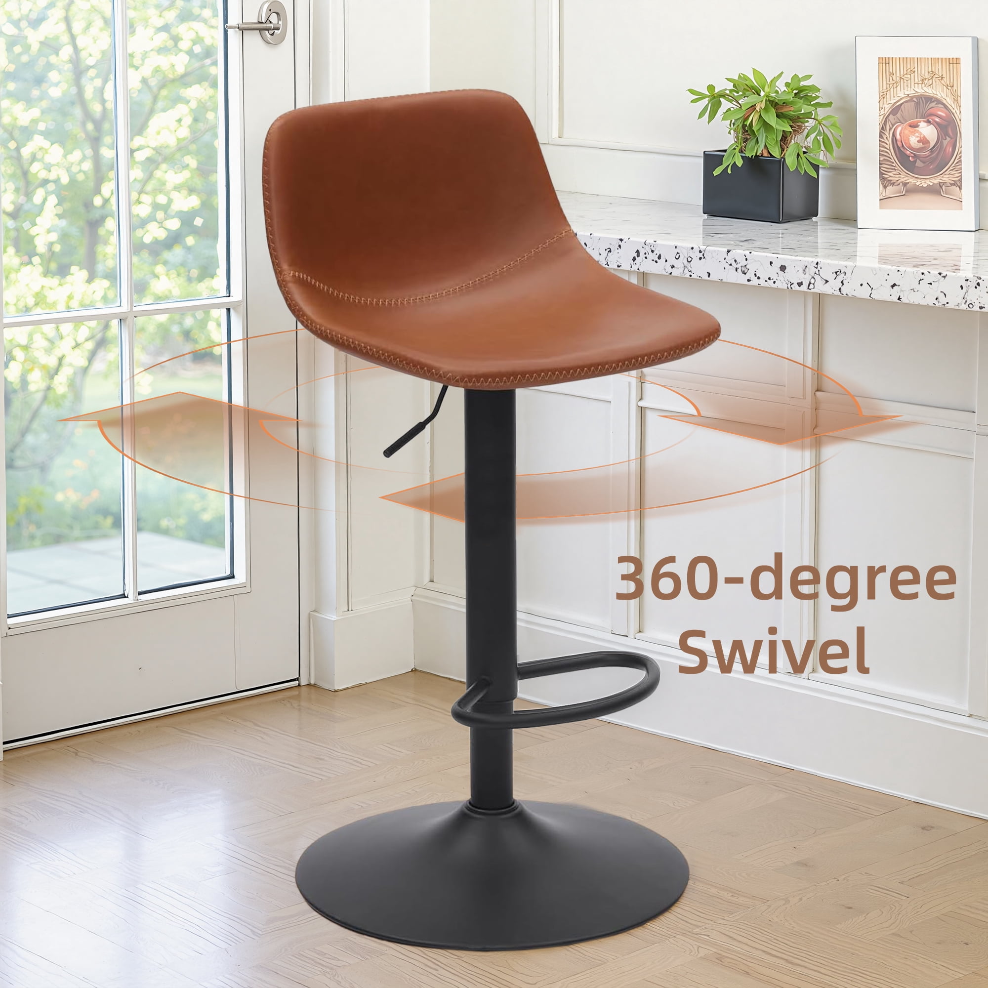 MAYEERTY 2-Set Whiskey Brown Modern Swivel Bar Stools with Back Support for Kitchen Island, Adjustable Height