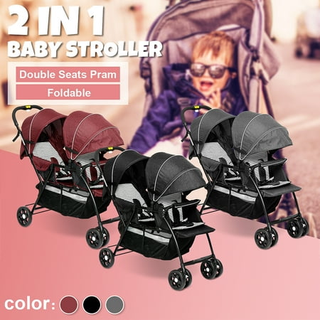 Fold 2 in 1 Dual Seats Baby Tandem Stroller Kids Pushchair Twin Pram Rain Cover