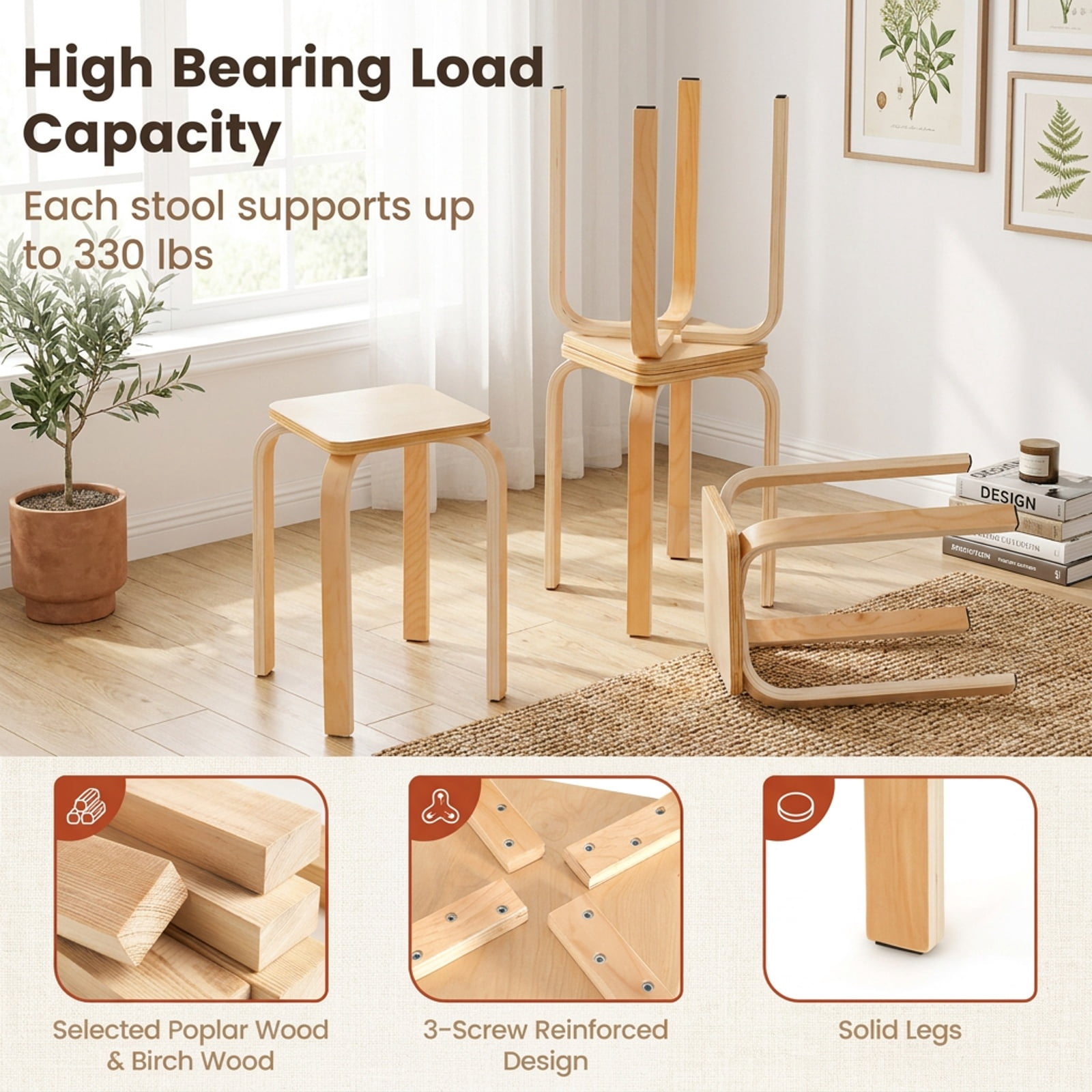 Furnibear Stackable Wood Stools Set of 4 with Square Top and Rounded Corners in Natural