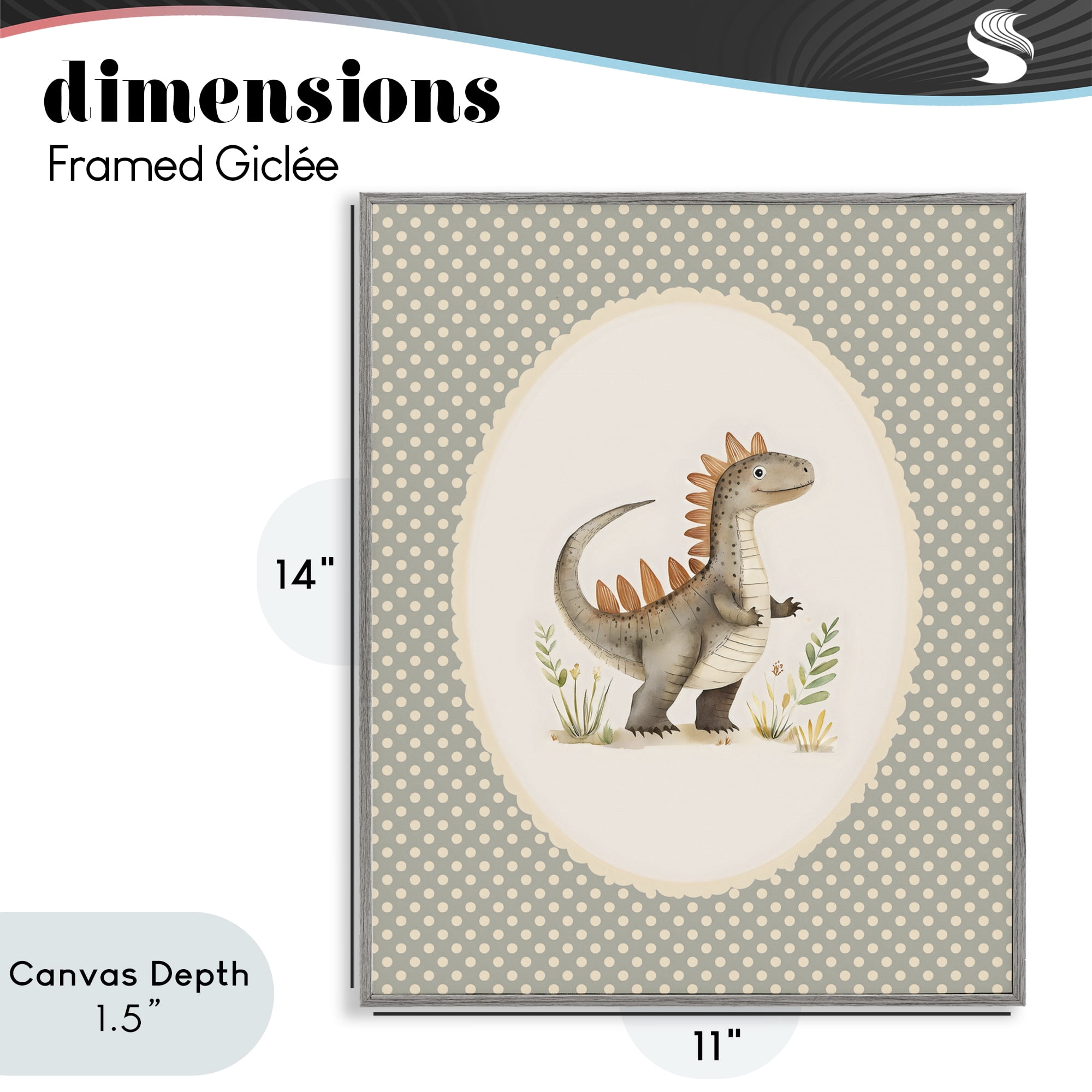 Stupell Industries Watercolor Dinosaur Polka Dot Border Gray Framed Giclee Art, design by LSR Design Studio