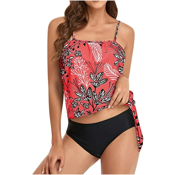 "VEKDONE Two Piece Bandeau Swimsuits For Women Loose Fit Bathing Blouson Swim Tank Top With Shorts,Watermelon Red,S"