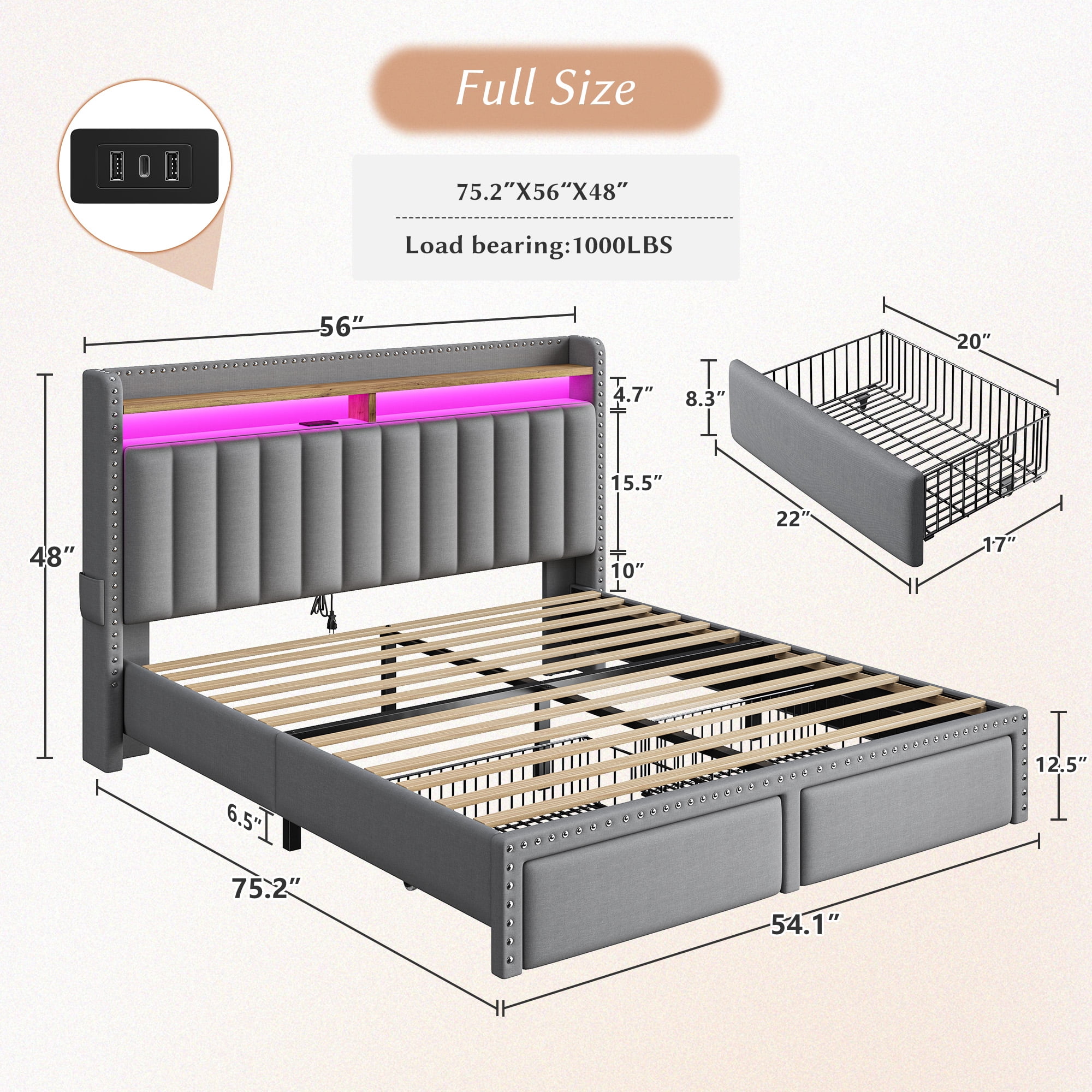 EnHomee Full Size Bed Frame with 2 Drawers & 2-Tier Storage Shelf Upholstered Bed Frame Full with Headboard Full Bed Frame with Storage & LED Lights & Charge Station, No Box Spring Needed, Gray