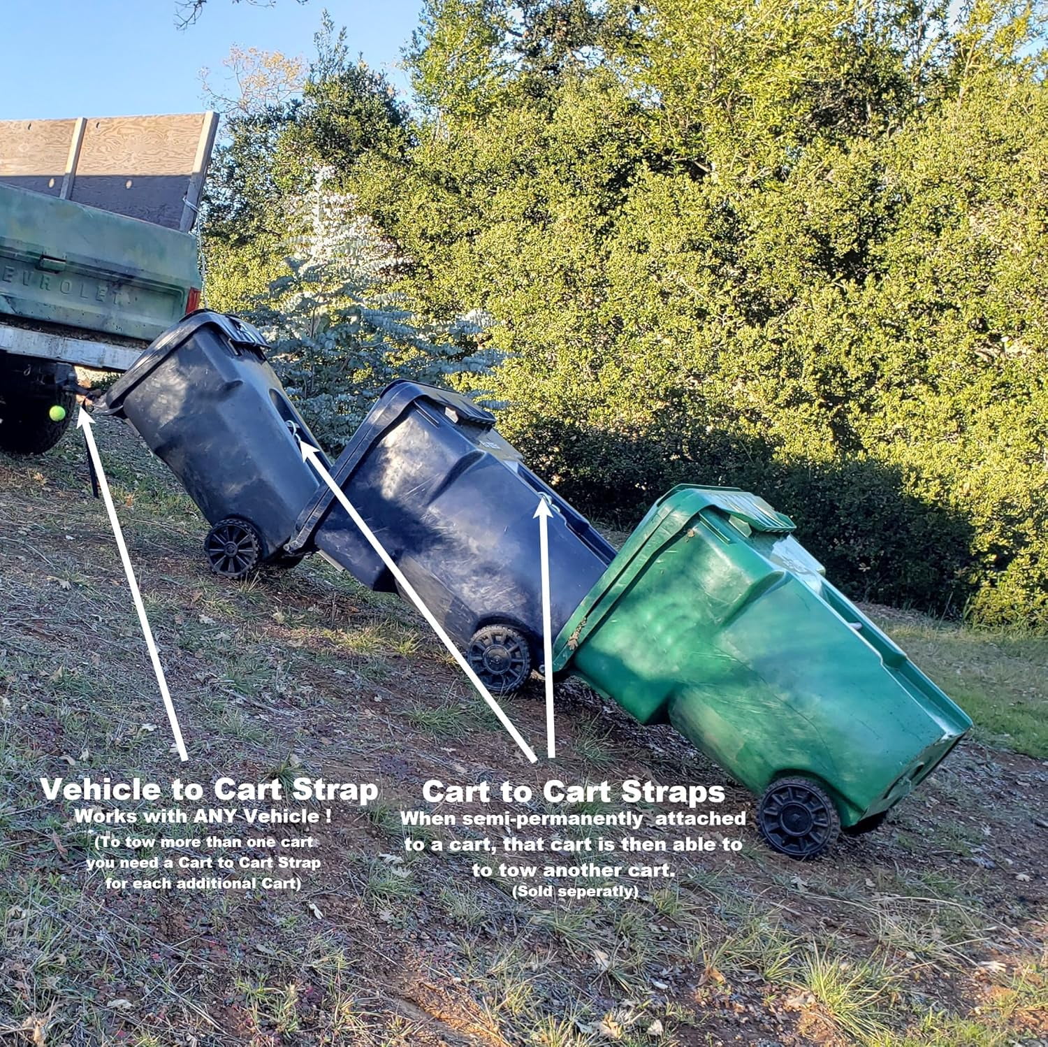 Trash Trainer Cart Hauler Strap for Garbage & Recycling Cans | Hitch-Free Utility Towing Connector System