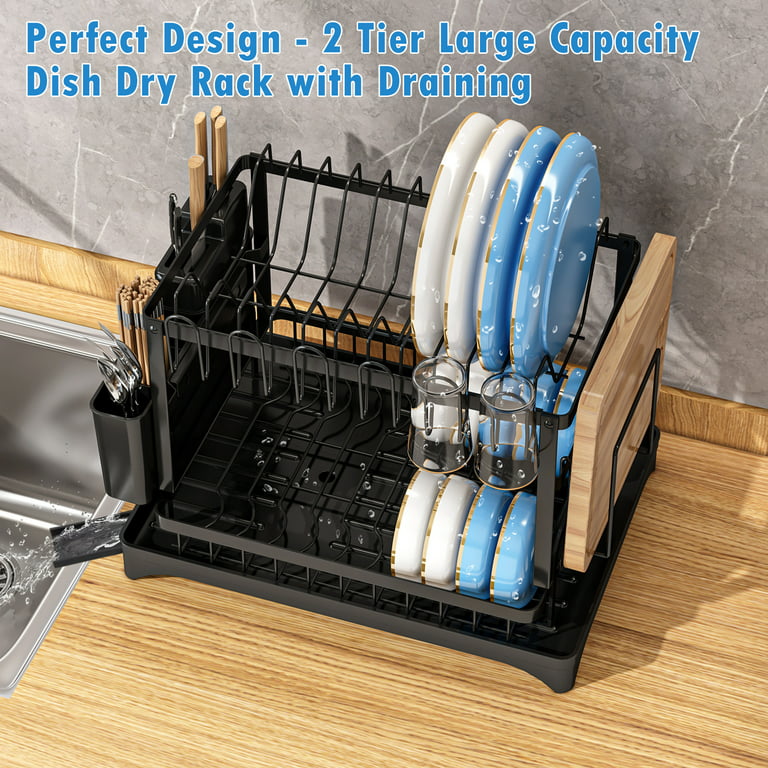 Kogiio 2-Tier Dish Drying Rack with Drainboard, Black Metal Large