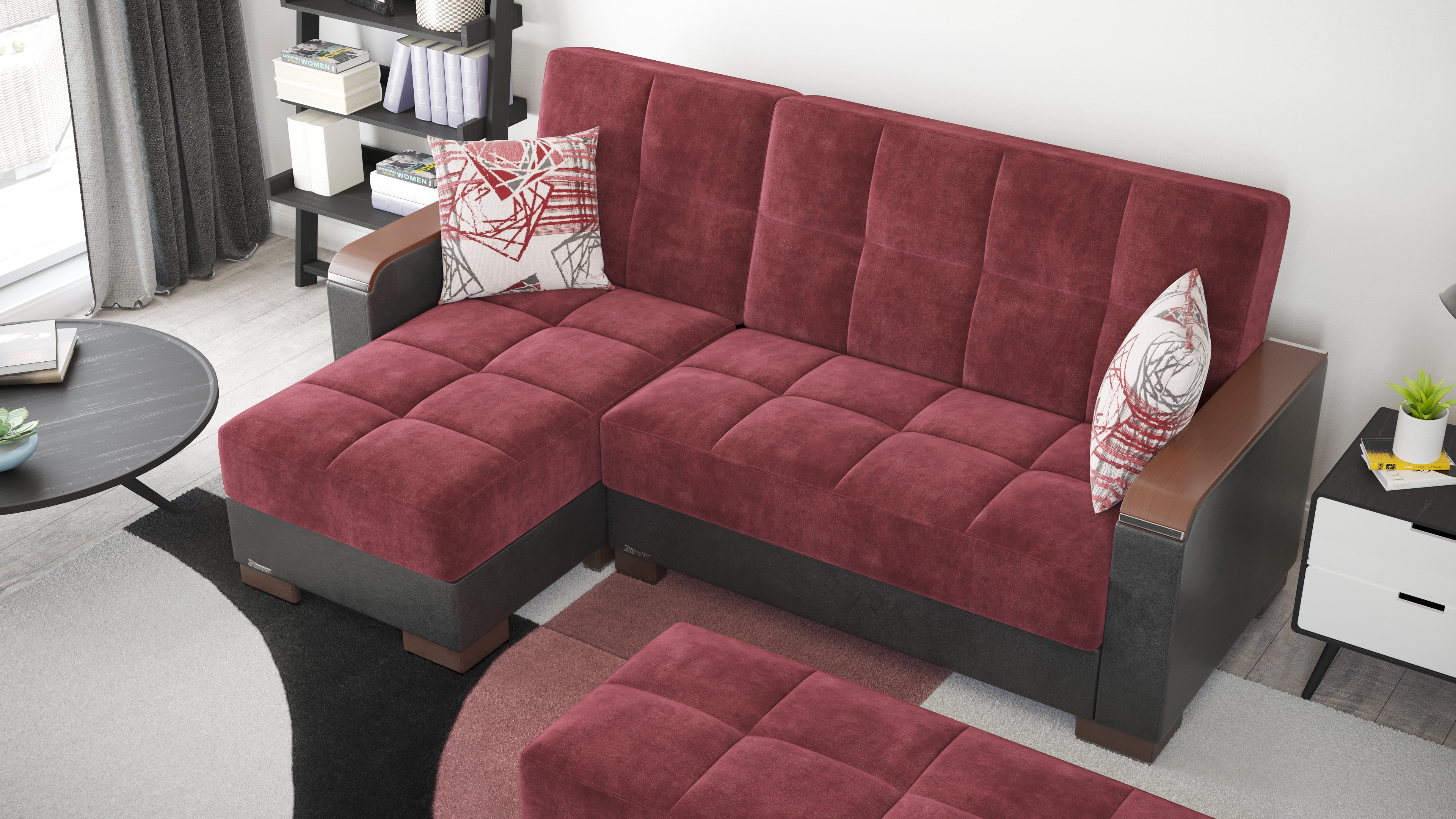 Ottomanson Origins X Modern Convertible L-Shaped Sectional Sofa, Burgundy Color Microfiber