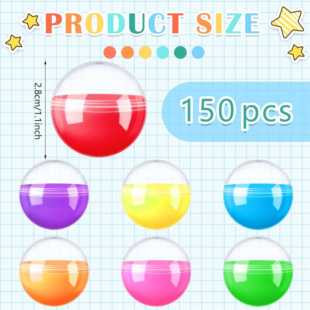 NOGIS 150 Pcs Gumball Vending Machine Capsules Empty Clear Colored Round Capsules Random Colors Plastic Containers Toy Capsules for Prizes Party Favors (1.1 Inch)