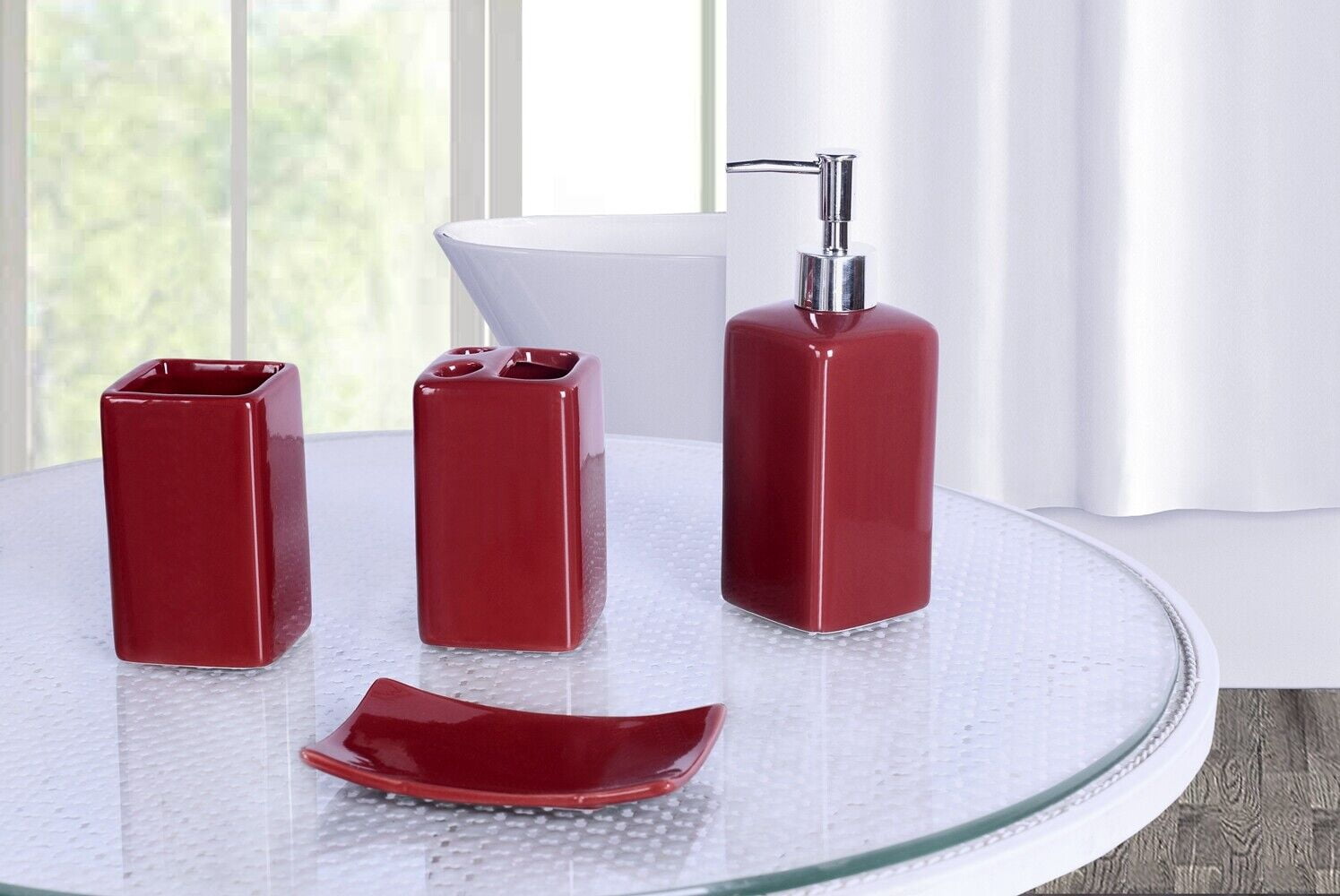 7-Piece Solid Print Bathroom Linen & Accessory Set with 1 Mat, 1 Contour Mat, 1 Lid Cover, 4pc Ceramic Accessories