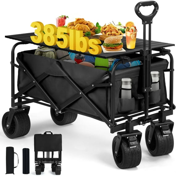 Firstness Collapsible Wagon Cart with Tabletop, 385 lbs Heavy Duty Utility Garden Wagon for Camping, Beach, Picnic, Sports, Shopping & Grocery, Black