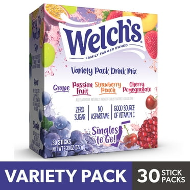 Welch's Zero Sugar Variety Pack Singles to Go Powdered Drink Mix, Grape, Passion Fruit, Strawberry Peach, Cherry Pomegranate, 30 Count Packets