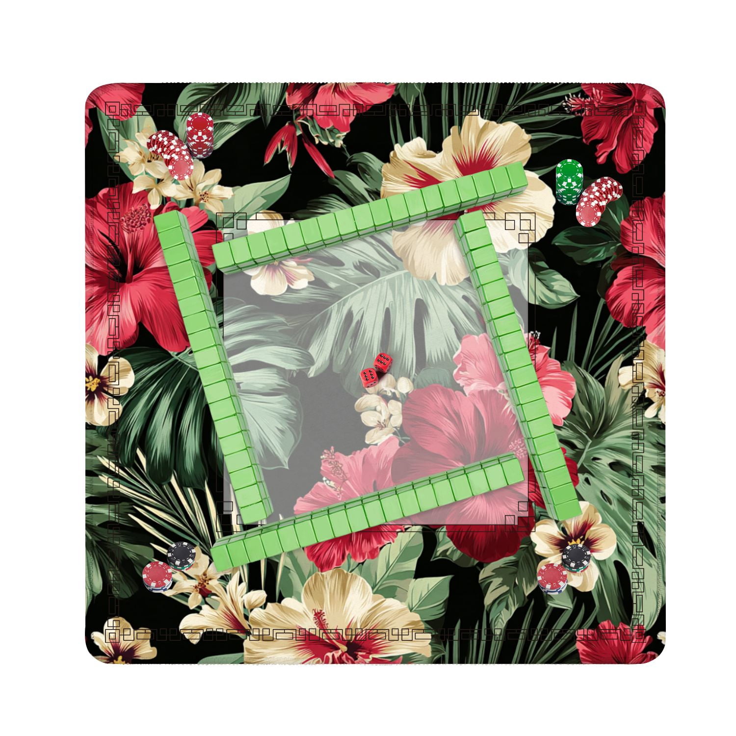Mahjong Mat 31.5" x 31.5" seamless Exotic hawaiian tropical hibiscus flowers palm Non-Slip Noise Reduction American Mahjong Tiles Table Cover for Dominoes Poker Card Board Games Gift