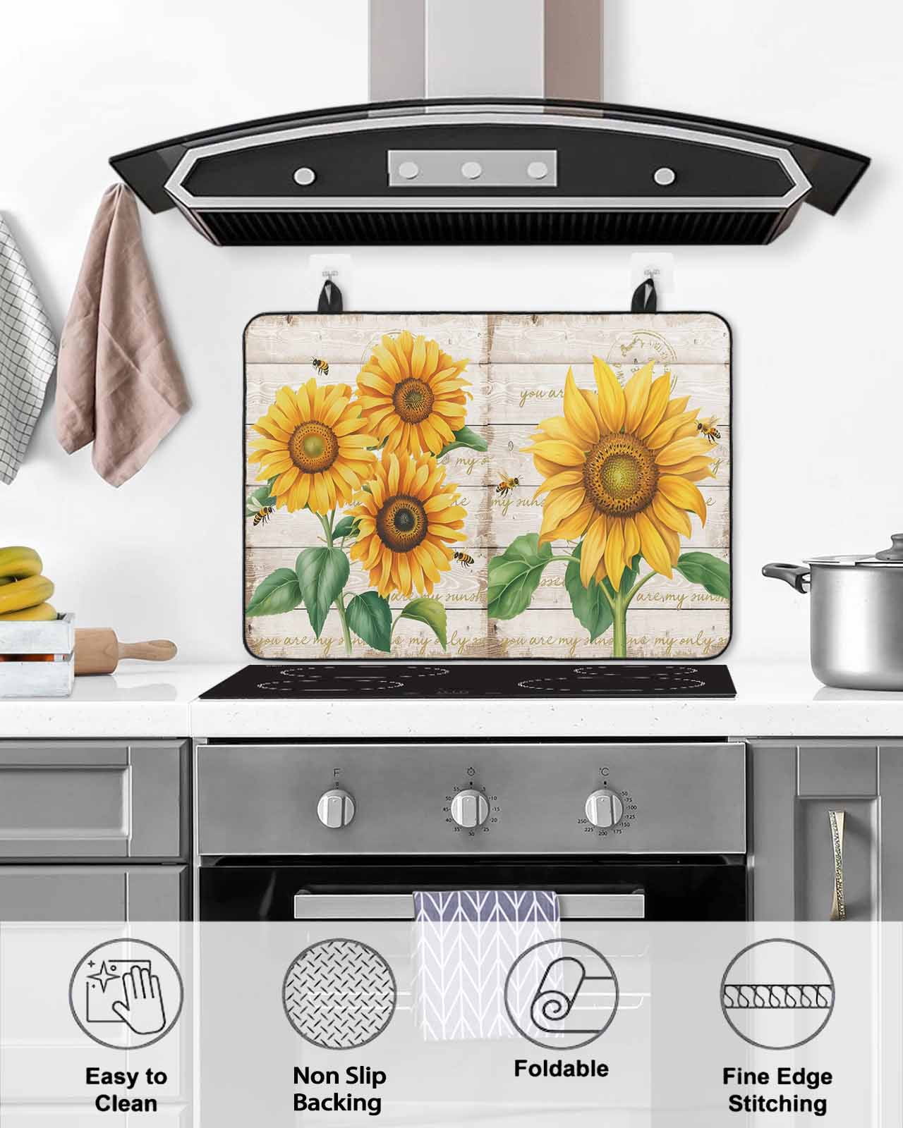 Large Induction Cooktop Protector Mat Sunflower Stove Top Covers for Electric Stove, Yellow Summer Botanical Vintage Decorative Stove Burner Cover Mats, Glass Top Stove Cover