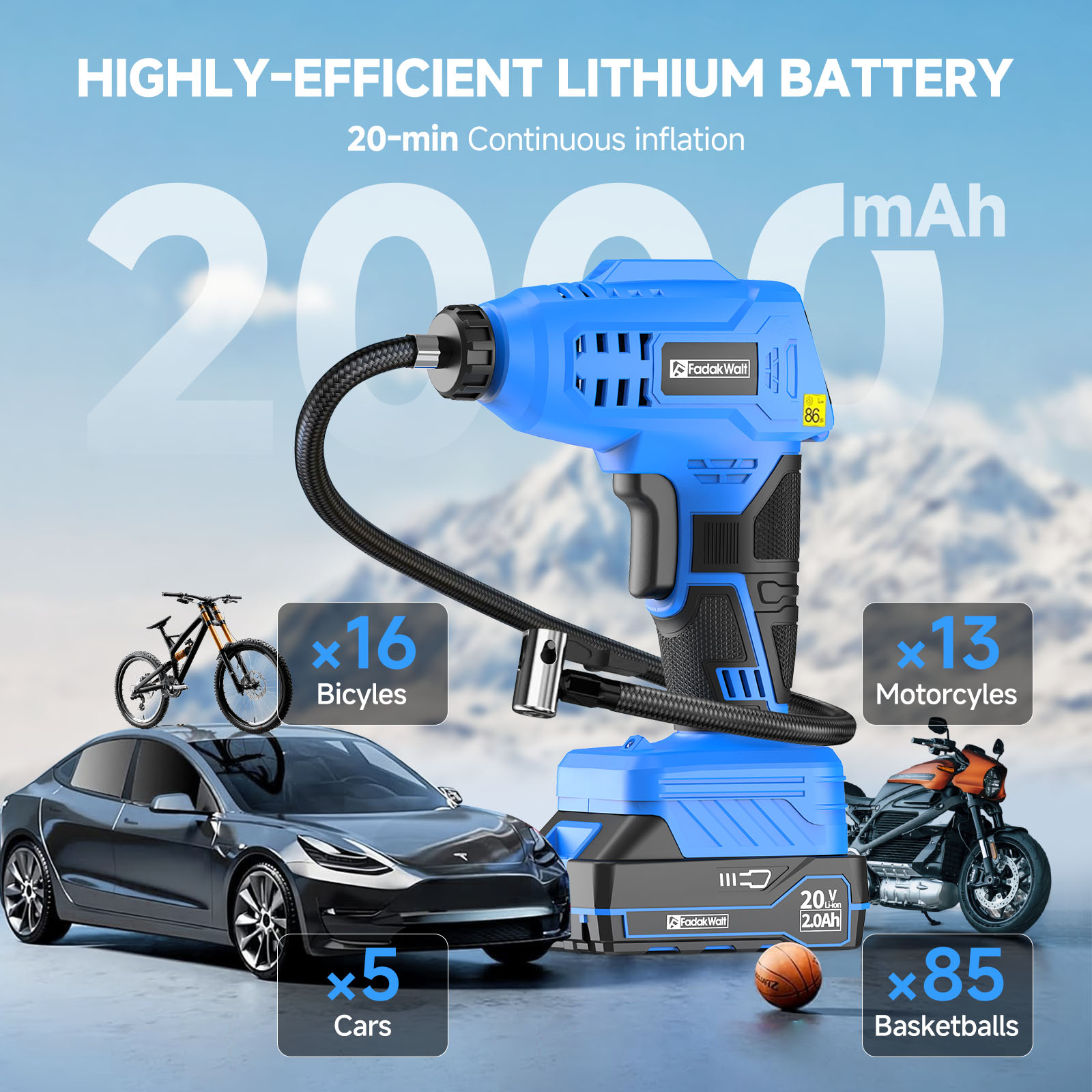 FADAKWALT Tire Inflator Portable Air Compressor, 20V Cordless Car Tire Pump, 160PSI Handheld Electric Air Pump with Rechargeable Battery, Auto Shutoff & Digital Gauge for Cars & Motorcycles(blue)