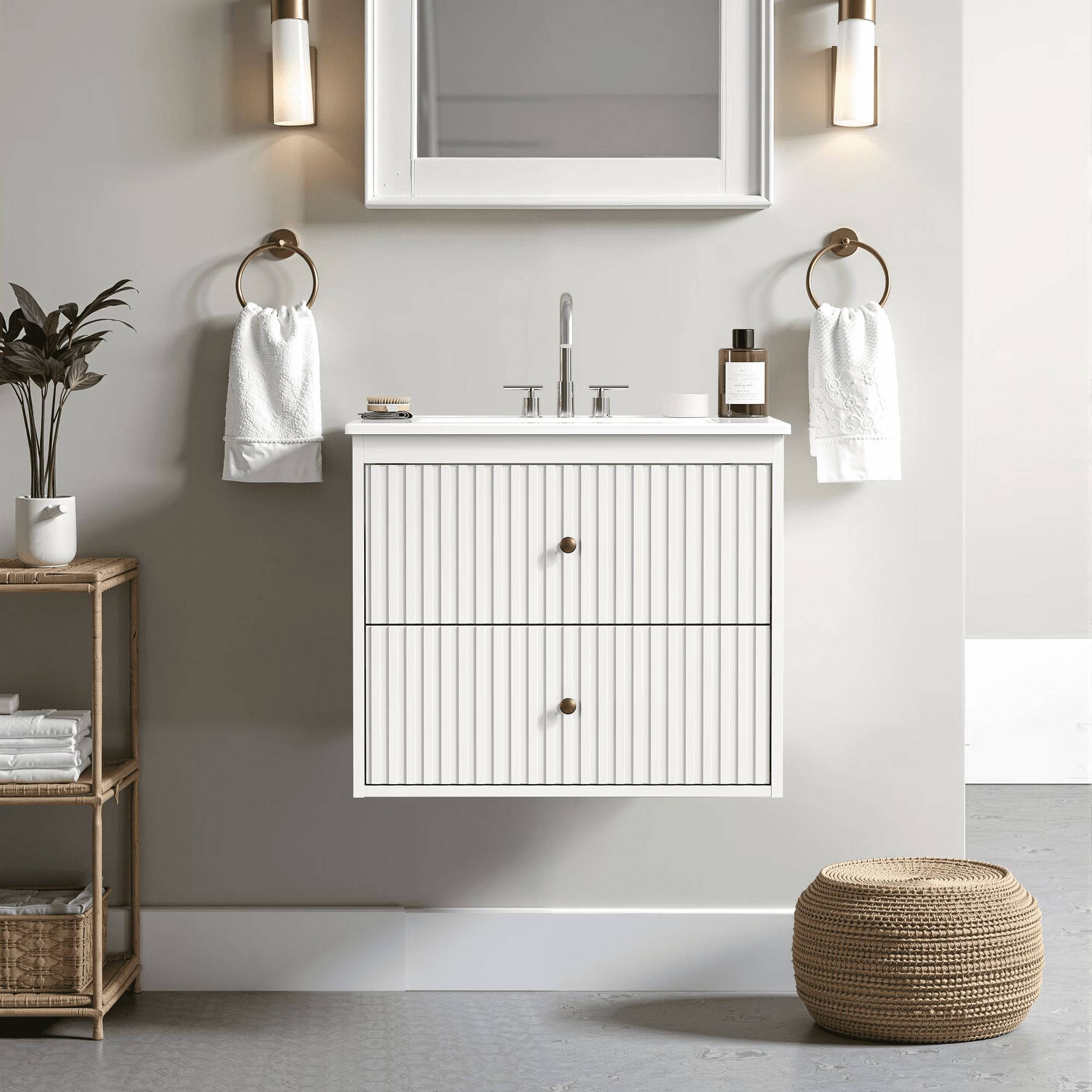24 in Bathroom Vanity with Sink Set, Floating Storage Cabinet with Doors and Drawers, Modern Wall Mount, White