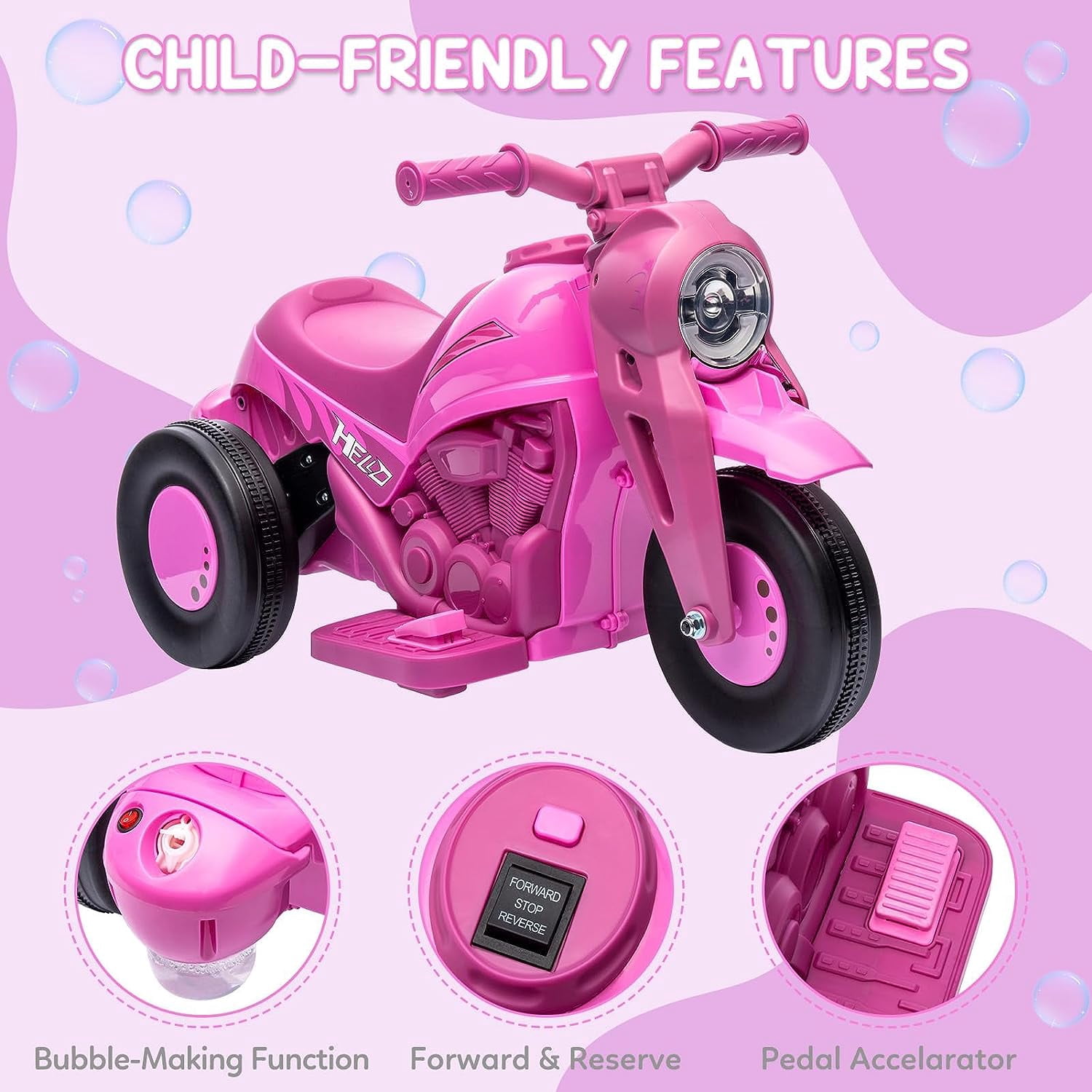 NEILA 6V 15W Kids Motorcycle with Bubble Function Battery Powered Ride on Motorbike Toy With LED Headlights, Music, 3 Wheels Kids Ride On Bubble Motorbike,for Kids Ages 3+ Boys Girls Pink