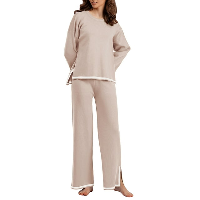 Fortune 2Pcs Women Knit Clothes Contrast Color Long Sleeve Loose Sweater + Wide Leg Pants Fall Lounge Set