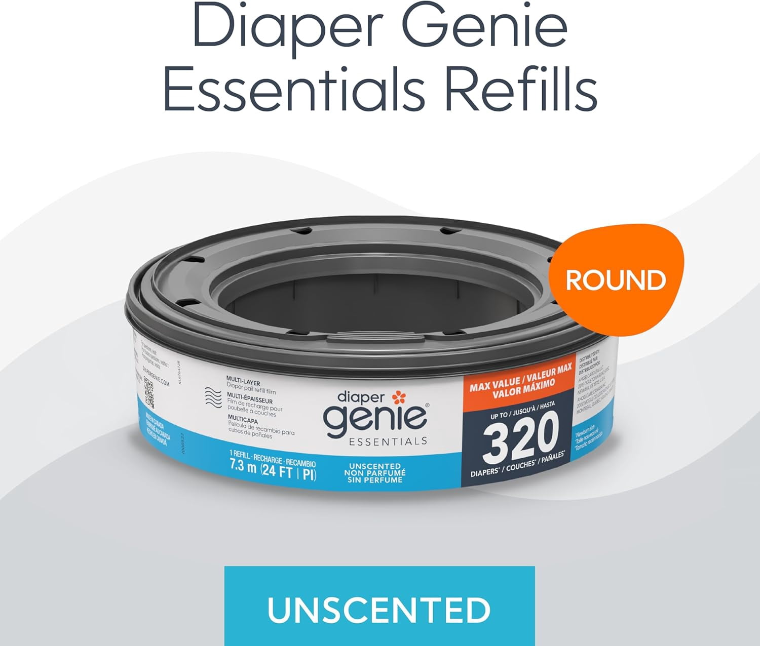 Essentials Round Refill Pack of 4 | Holds Up to 1280 Newborn Diapers | Features Unscented Continuous Film | Compatible with Complete and Expressions Pails