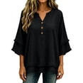 thumbnail image 3 of Linen Tops for Women Henley Shirts Loose Beach Clothes Western Frayed Casual Summer Gauze Shirts Boho Tops with Raw Hem Tassel Cotton Linen Shirts V Neck Short Sleeve Blouses,Black,L, 3 of 5