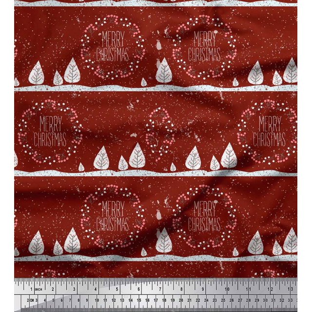 Soimoi Red Modal Satin Fabric Red Berries & Merry Christmas Text Print Fabric by the Yard 42 Inch Wide