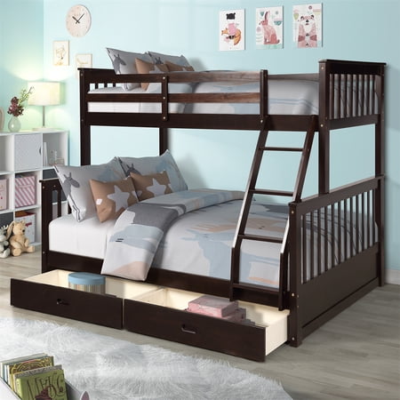 Twin-Over-Full Bunk Bed  Twin over Full Solid Wood Bed with Ladders & Two Storage Drawers  Bunk Bed with Full-length Guardrail for Kids  Teens  Adults  Boys & Girls  No Box Spring Needed  Espresso