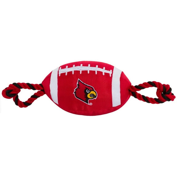 Pets First NCAA Louisville Cardinals Strong, Durable, Chewable Football Dog Toy with Inner Squeaker and Side Ropes, Officialy Licensed