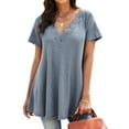 thumbnail image 3 of HUBERY Women Solid Color Lace Crochet Spliced V Neck Short Sleeve Top, 3 of 4