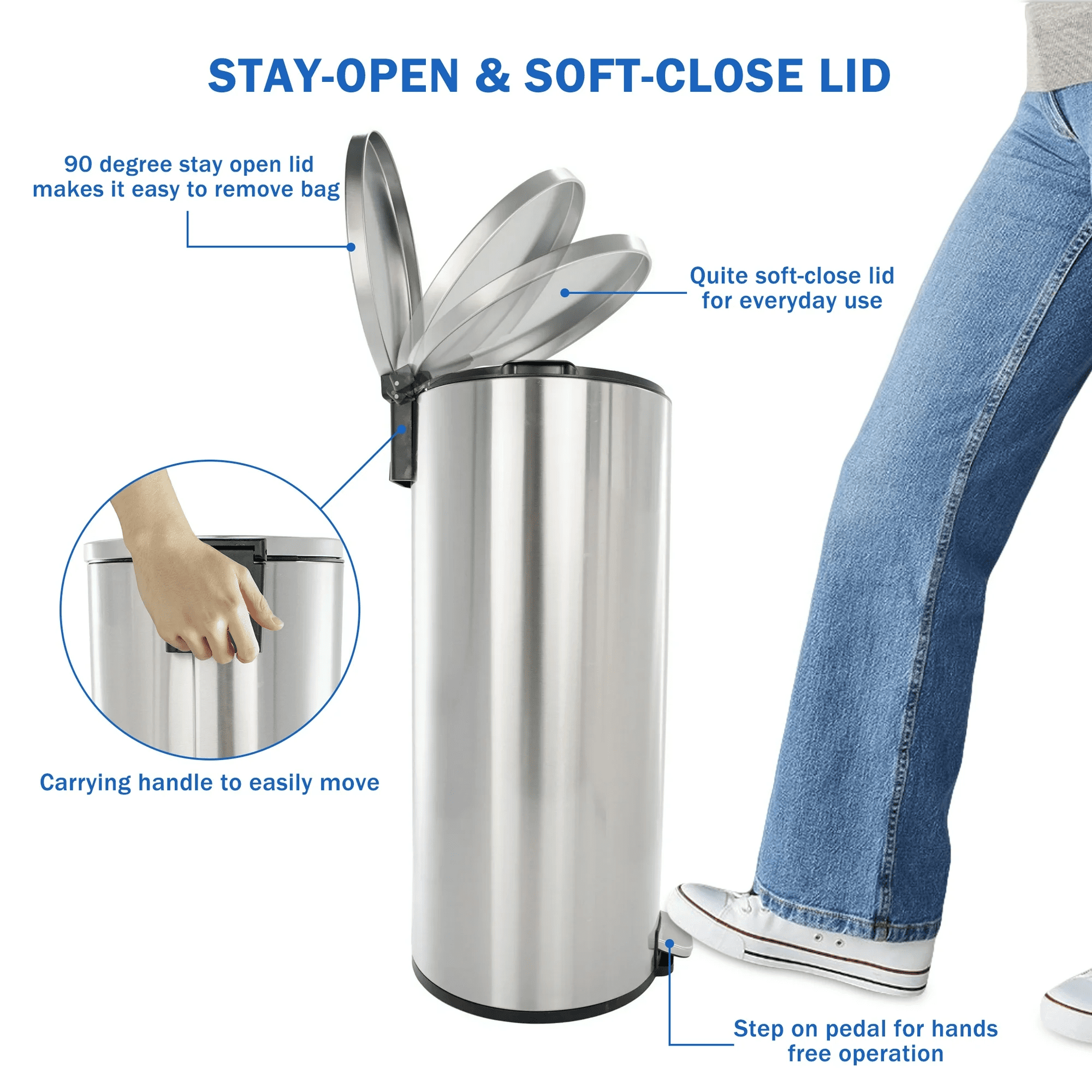 Better Homes & Gardens Kitchen Trash Can, 30 Litre Stainless Steel Round Step Garbage Bin with Soft Close Lid, Silver
