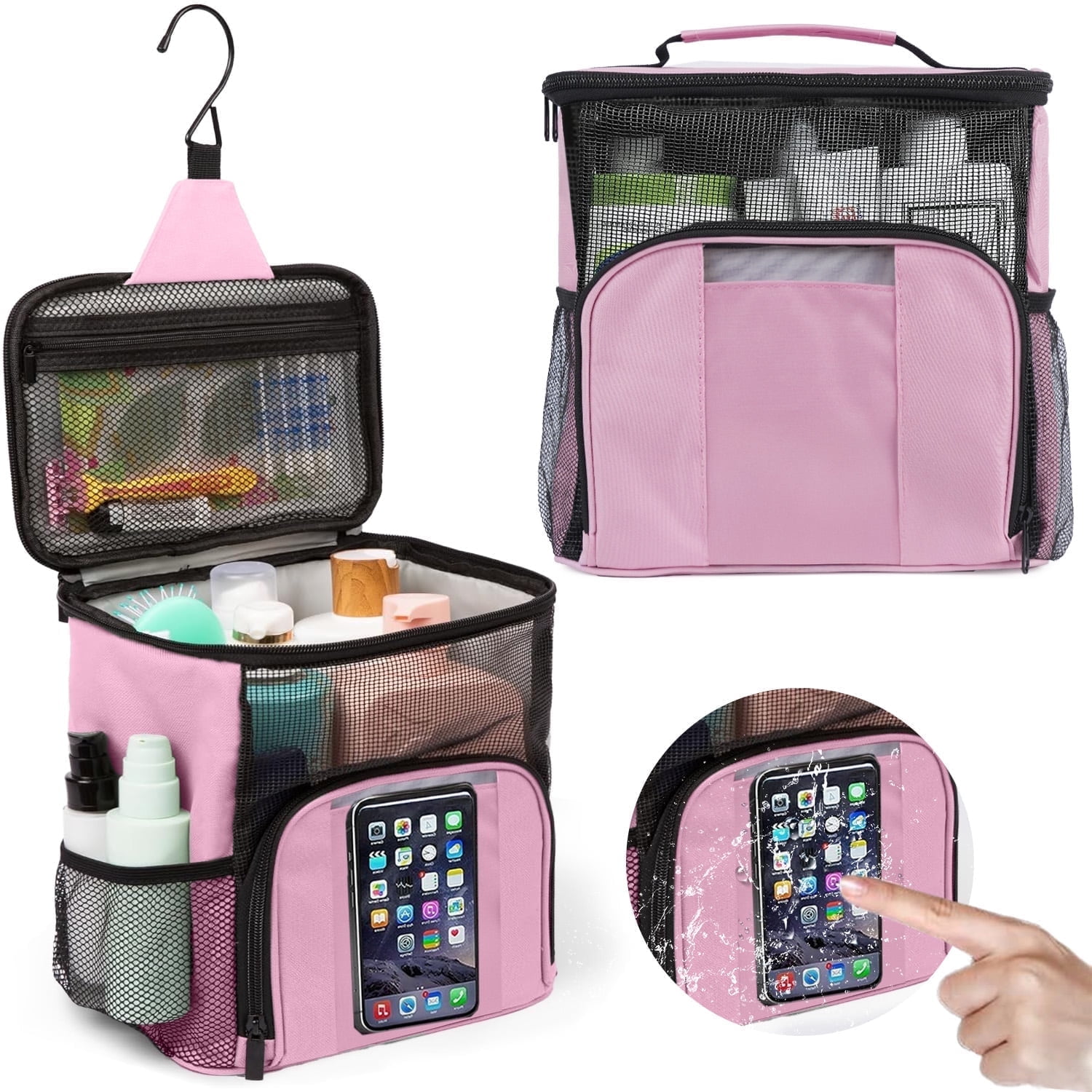 DAKIMOE Mesh Shower Caddy Portable Tote Dorm Organizers and Storage Foldable Toiletry Bag Perfect for College Students Men Women, Pink