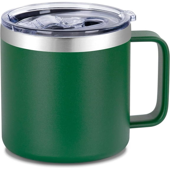 14 oz Insulated Coffee Mug with Handle, Stainless Steel Travel Coffee Mug with Lid, Double Wall Vacuum Metal Coffee Cup, Coffee Tumbler Powder Coated, Dark Green 1 Pack