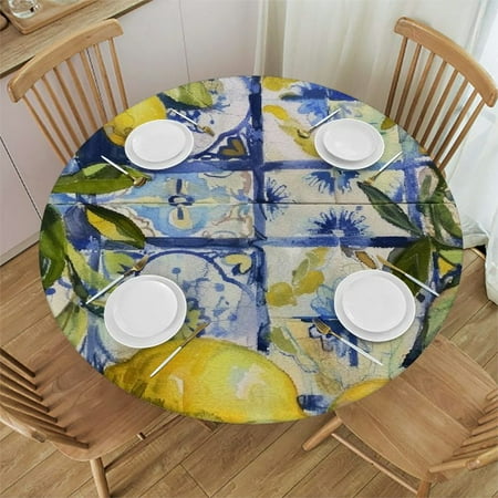 

YANMS Lemons Olives Round Tablecloth Cover Outdoor Fitted 100% Polyester Fiber 46-50