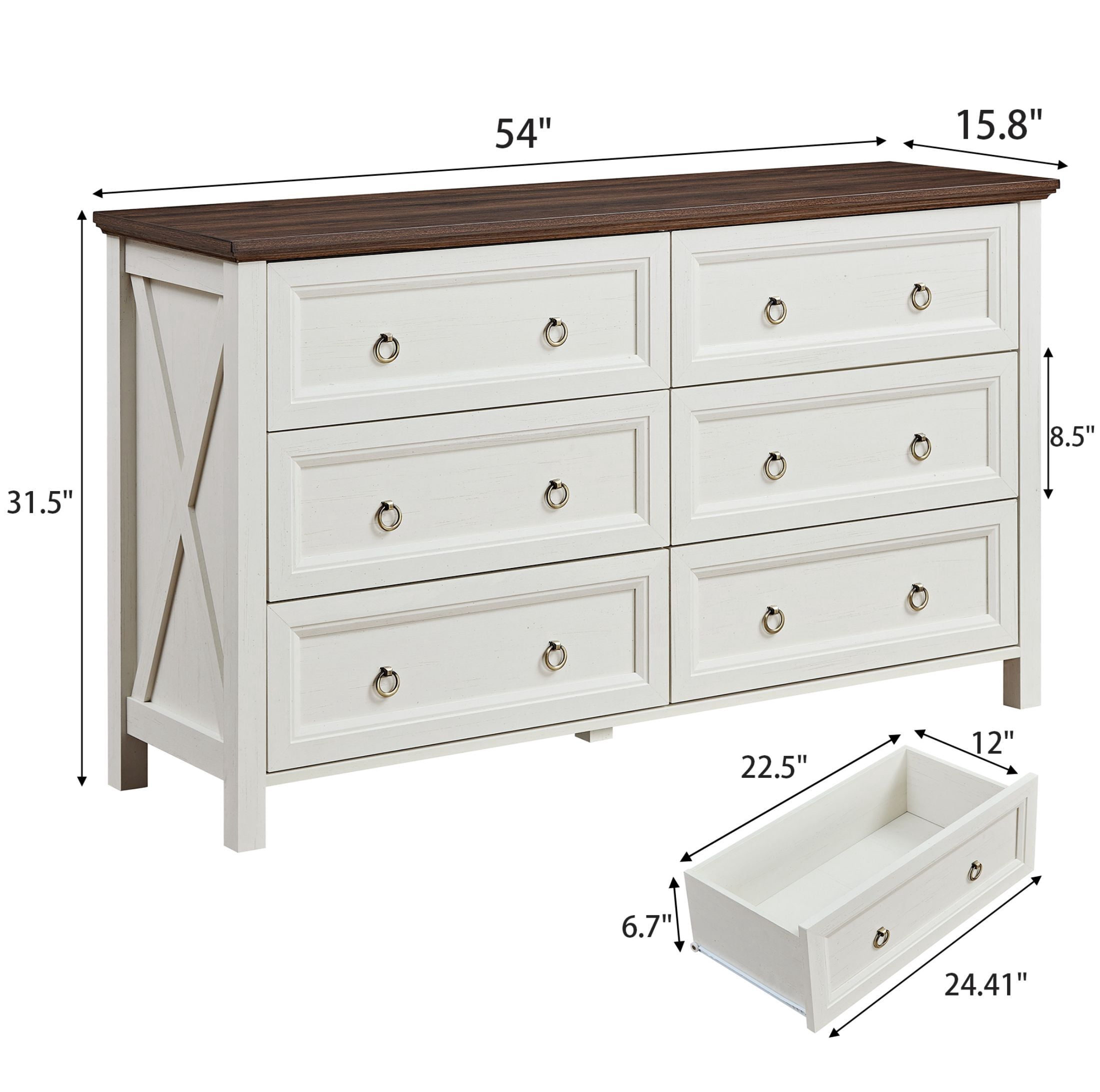 AENKYO Farmhouse Dresser with 6 Drawers, Storage Drawer Chest for Home, Cream White & Rustic Brown Finish