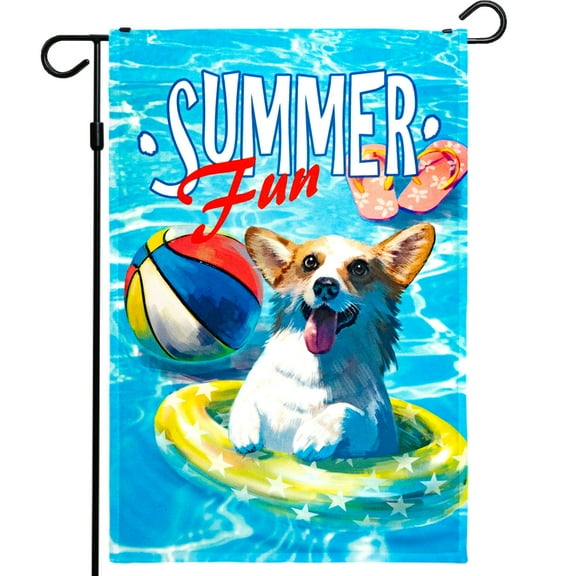 G128 - Summer Fun with Dog in Pool Garden Flag, Rustic Holiday Seasonal Outdoor Flag 12" x 18”