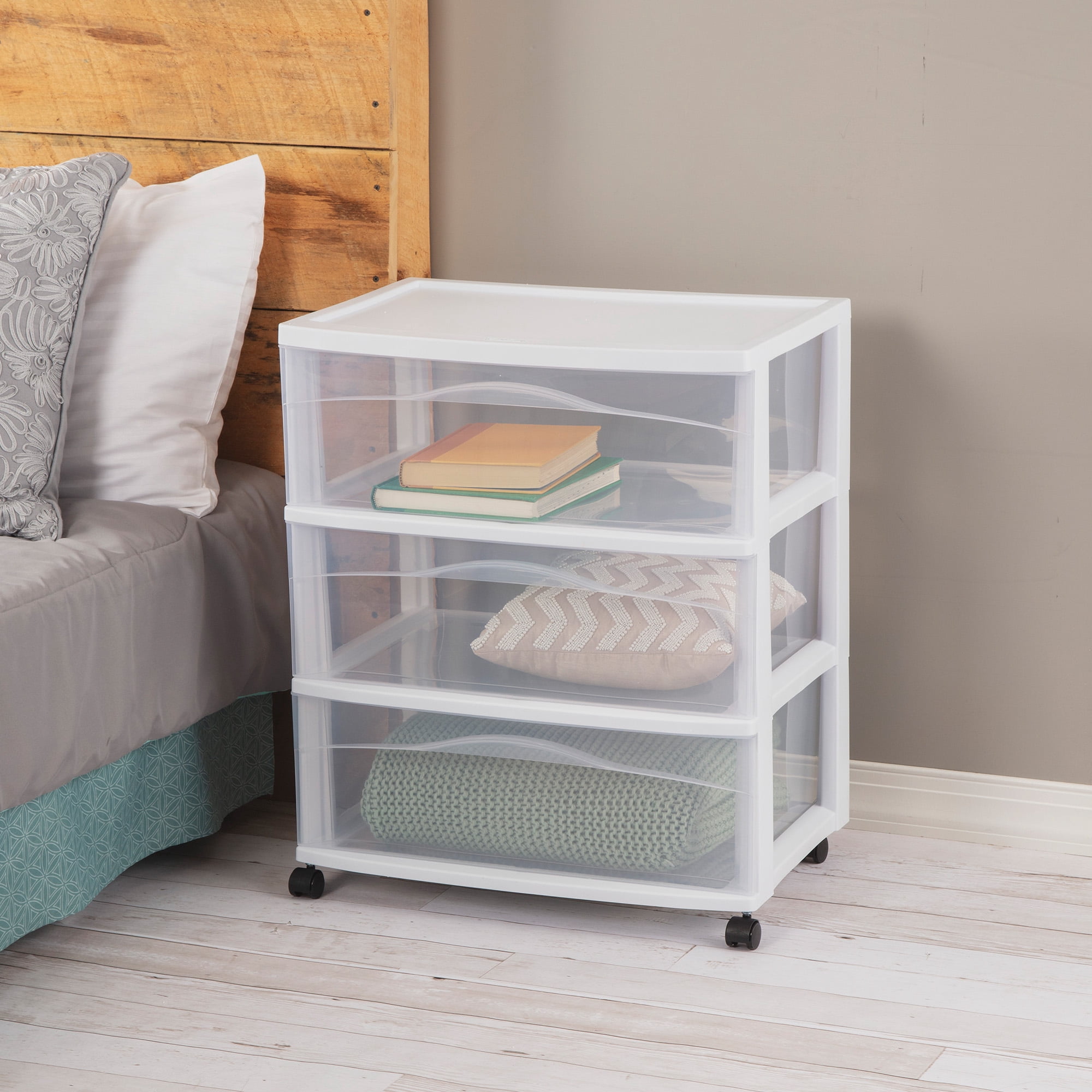 Sterilite Wide 3 Drawer Storage Cart, Plastic Rolling Organizer, White Frame