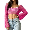 thumbnail image 2 of Womens Fishnet Crochet Crop Top Long Sleeve See Through Hollow Out Mesh Bikini Cover Ups Hot Pink S, 2 of 6