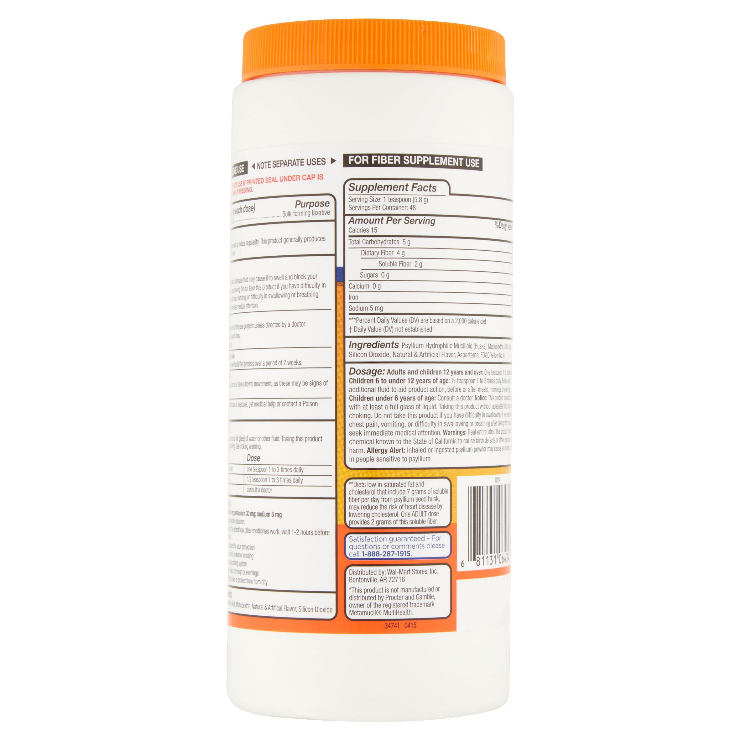 Equate Sugar-Free Daily Fiber Orange Powder, 10 Oz., 48 Count