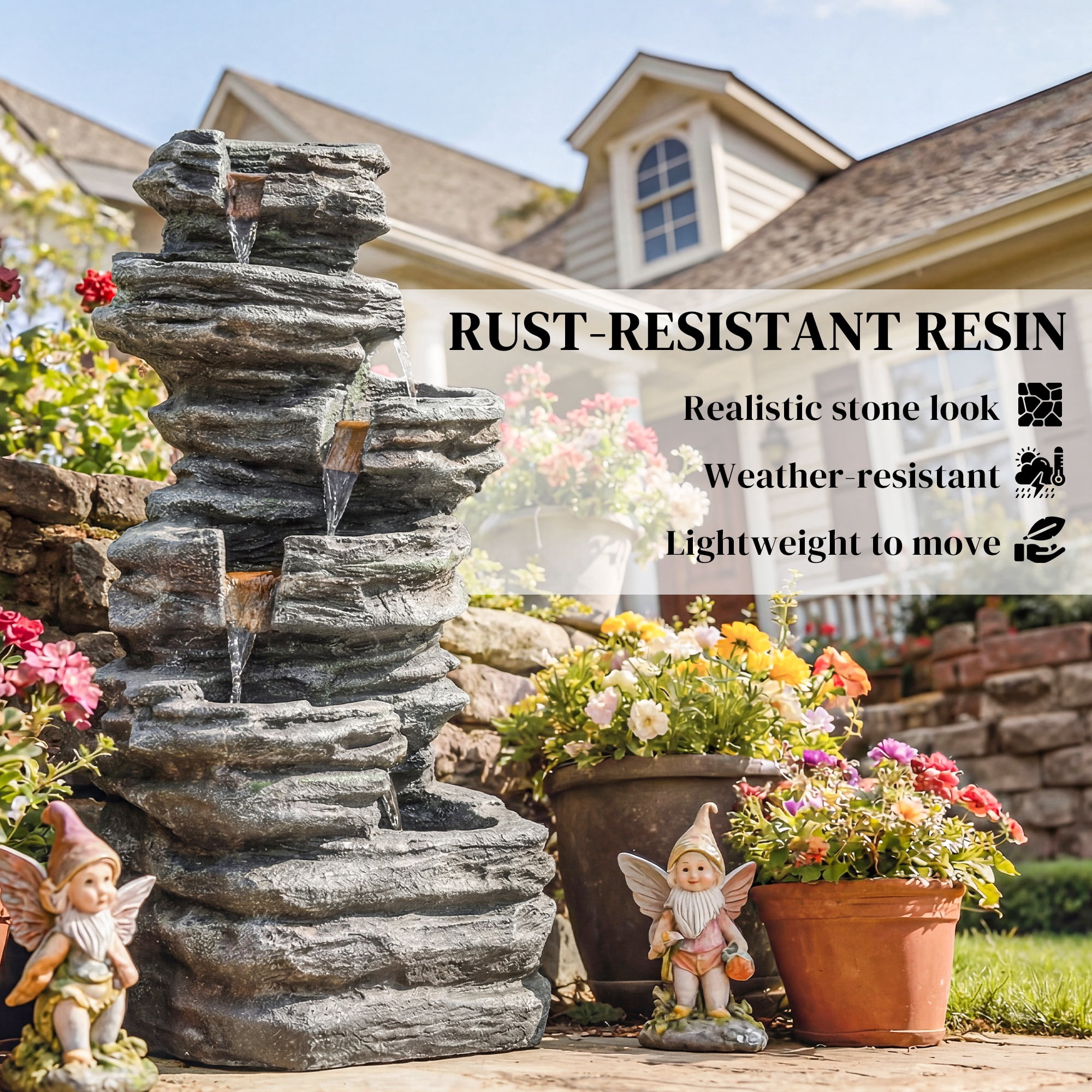 Outsunny 40" Tall Outdoor Waterfall Fountain with LED Lights, 6-Tier Cascading Waterfall Feature with Pump, Gray