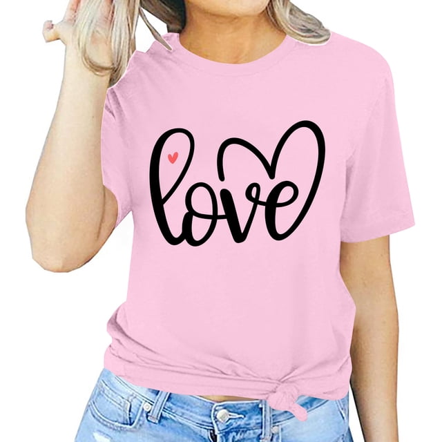 Meichang T-Shirt de la Saint-Valentin pour Femmes, T-Shirts à Imprimé Cœur, Manches Courtes, Col Rond, Coupe Ample, Hauts de Fête, Soldes de Liquidation 2025