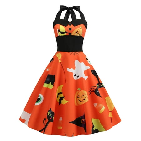 Sexy Dance S-2XL Halloween 50s 60s Vintage Retro Womens Rockabilly Halter Swing Dress Party Ladies Pinup Cocktail Costume Fance Dress