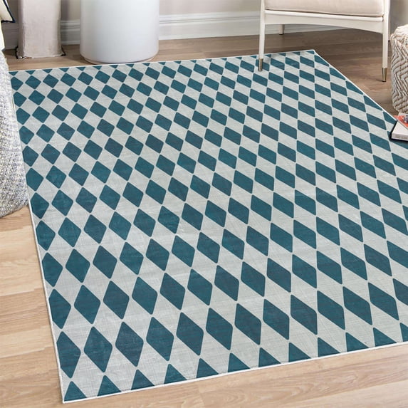 Flower Decorative Rug, Rhombus Pattern with Retro Design Inspirations Vintage Argyle Arrangement, Quality Carpet for Bedroom Dorm and Living Room, 6 Sizes, Petrol Blue, by Ambesonne