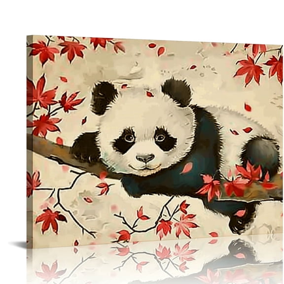 Nawypu Chinese Style Panda Canvas Wall Art Print Funny Cute Animal Pictures Artwork Panda Playing with Flower Paintings for Kitchen Living Room Bedroom