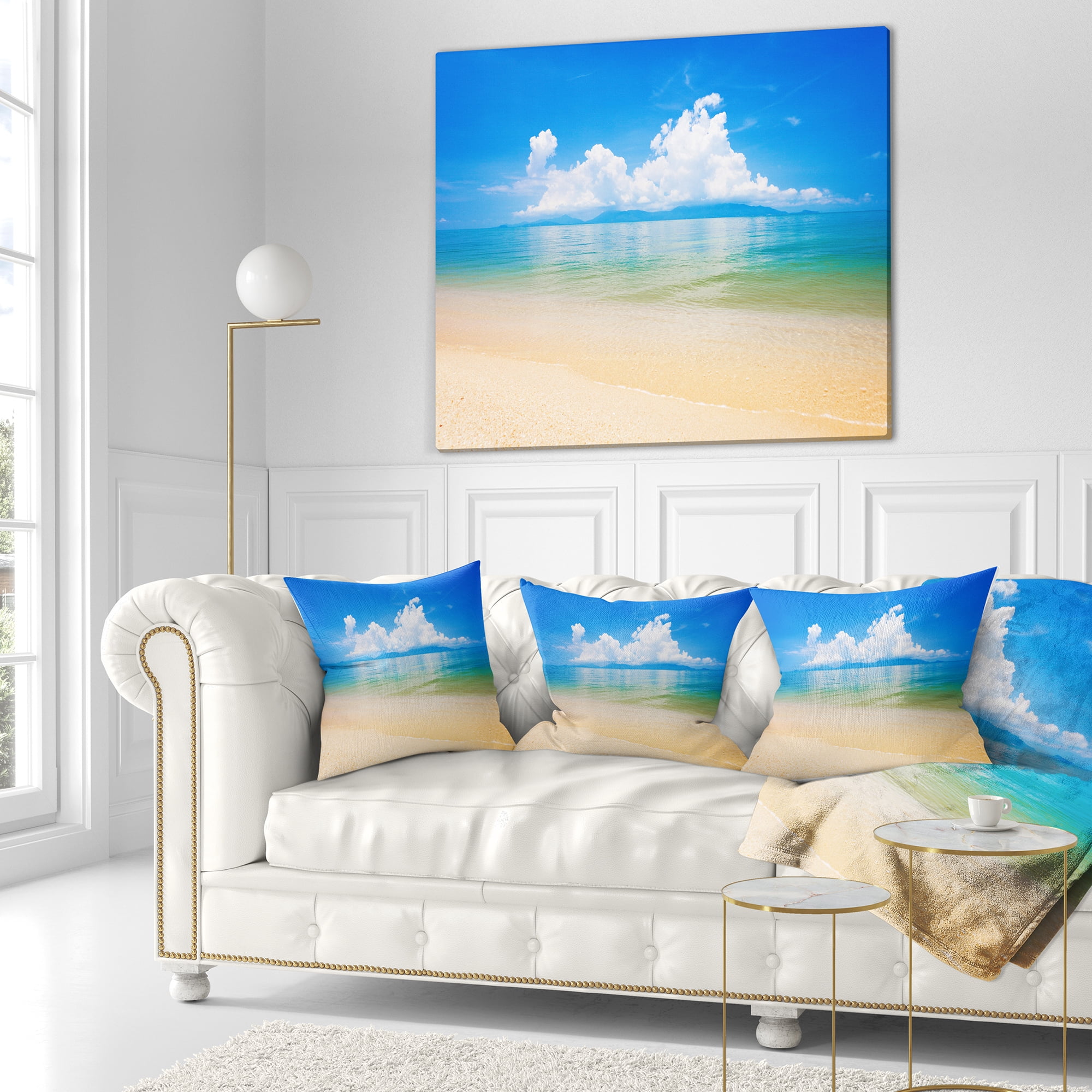 Designart Cloudy Horizon Over Blue Sea - Seashore Photo Throw Pillow - 18x18