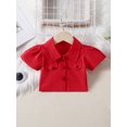thumbnail image 4 of Suealasg Kids Girls Outfits Contrast Color Solid Color Short Sleeve Button Shirt and Shorts Skirt Set 1T 2T 3T 4T 5T 6T Little Girls 2 Piece Summer Clothes Set, 4 of 9