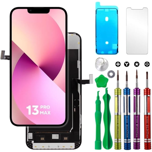 LCD Screen Replacement for iPhone 13 Pro Max (A2484, A2641, A2644, A2645, A2643) 6.7 inch Touch Screen Display Digitizer Frame Assembly W/Repair Kit   Tempered Glass   Adhesive