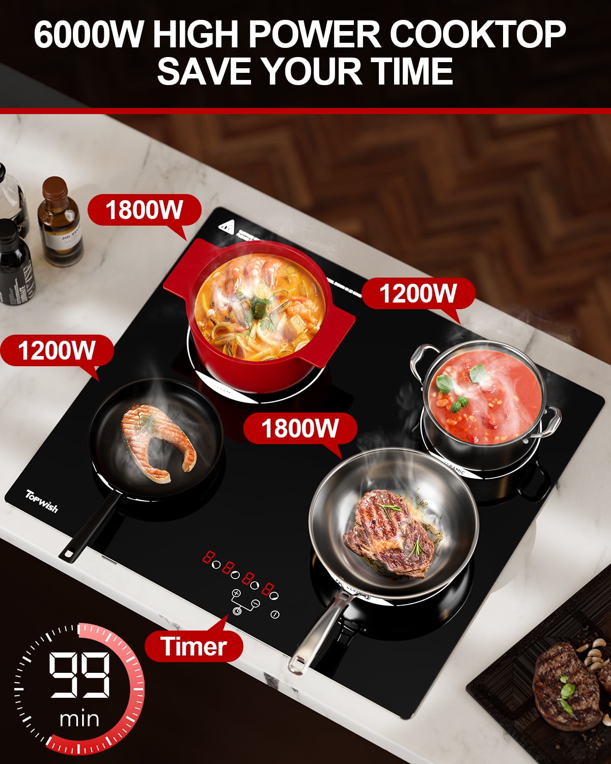 TOPWISH 24" 4-Burner Drop-In Electric Cooktop, 6000W Radiant Ceramic Stove Top, 220–240V Hard-Wired, 9 Heat Levels, Touch Control, Timer & Child Safety Lock