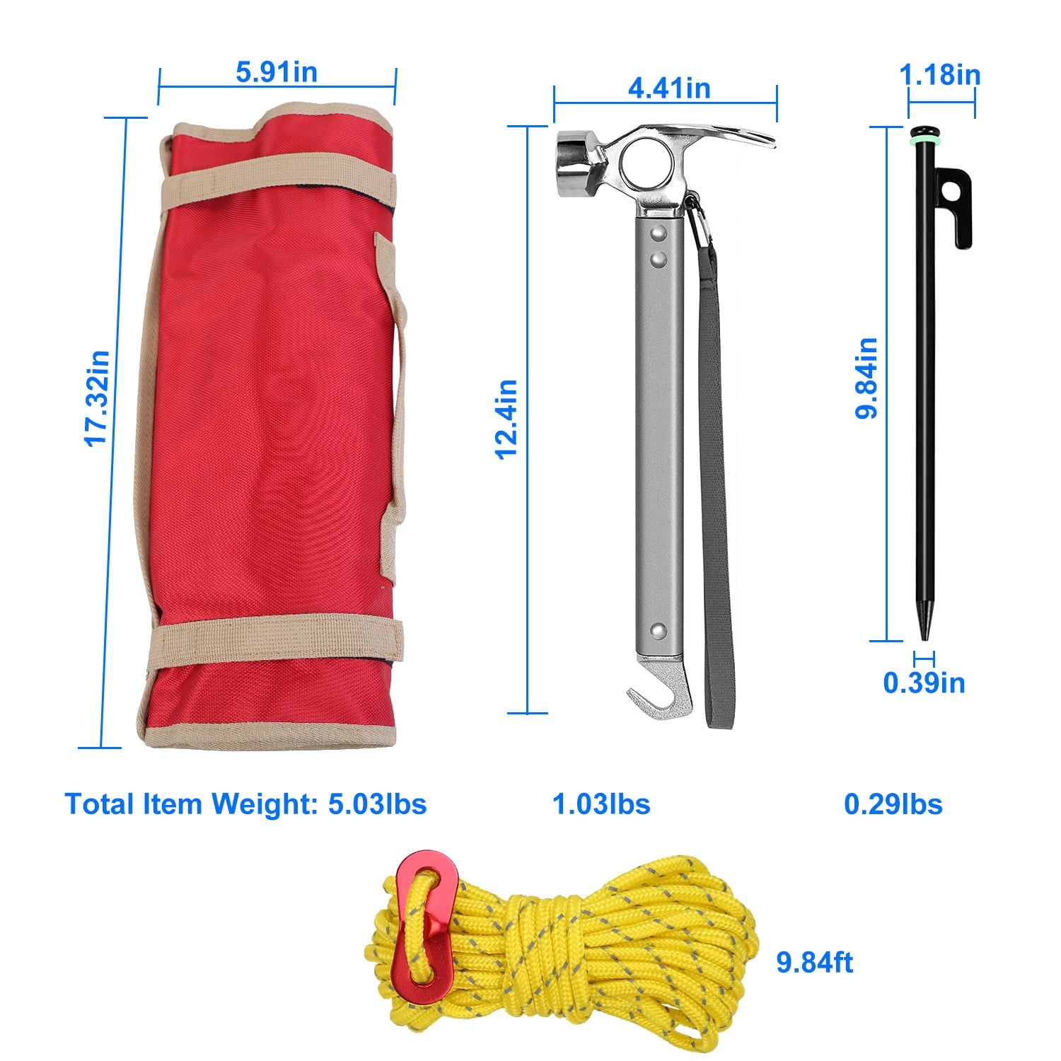 9.8ft Camping Tent Kit Camping Accessories Kit w/ Tent Pegs Reflective Rope for Backpacking