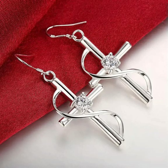 MATROOY Womens 925 Sterling Silver CZ Crystal Holy Cross Fashion Dangle Earrings #E11