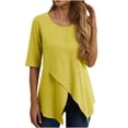 thumbnail image 2 of Wycnly Shirts for Women Fashion Irregular Hem Soft Cotton Linen Tunic Tops Summer Casual Round Neck Elbow-Length Solid Ladies Blouses Yellow l, 2 of 6