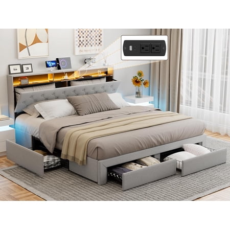 IKIFLY California King Bed Frames with Charging Station & Storage Headboard, Upholstered Linen Button Tufted LED Platform Bed with 4 Drawers, Solid Wood Slats, No Box Spring Needed - Light Grey